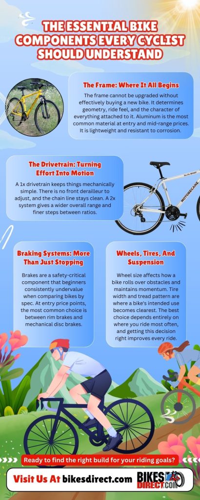 Infographic explaining essential bike components including frame, drivetrain, braking systems, and wheels, helping cyclists understand how each part affects performance, safety, and overall riding experience.



