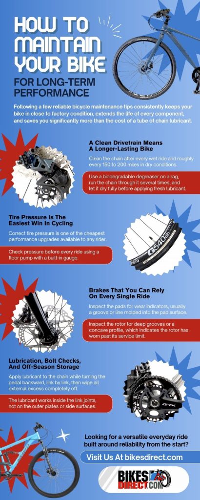 Infographic showing bike maintenance tips including drivetrain cleaning, tire pressure checks, brake inspection, and proper lubrication to improve performance, extend lifespan, and ensure safe, reliable cycling.

