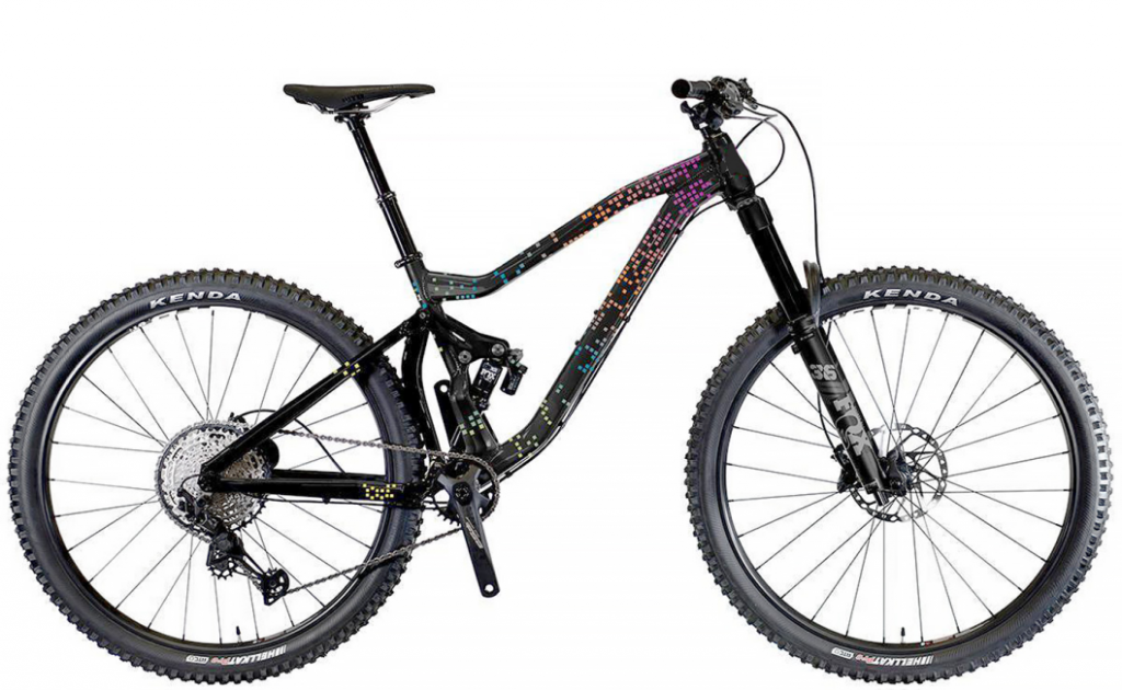 Enduro style full suspension mountain bike with rear shock for aggressive trail and downhill riding