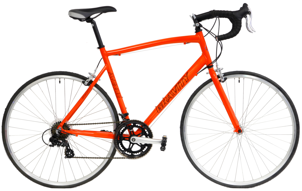 Bright orange road bike with a lightweight frame and traditional rim braking system