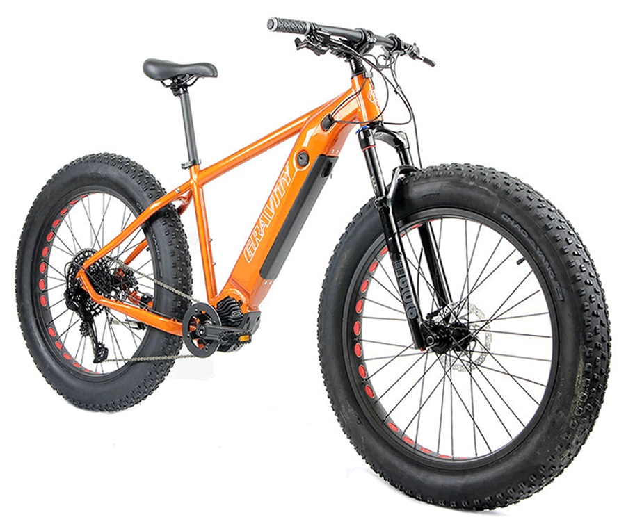Gravity eBullseye Monster Eagle Pro electric fat bike with mid-drive motor and wide tires for snow and sand riding