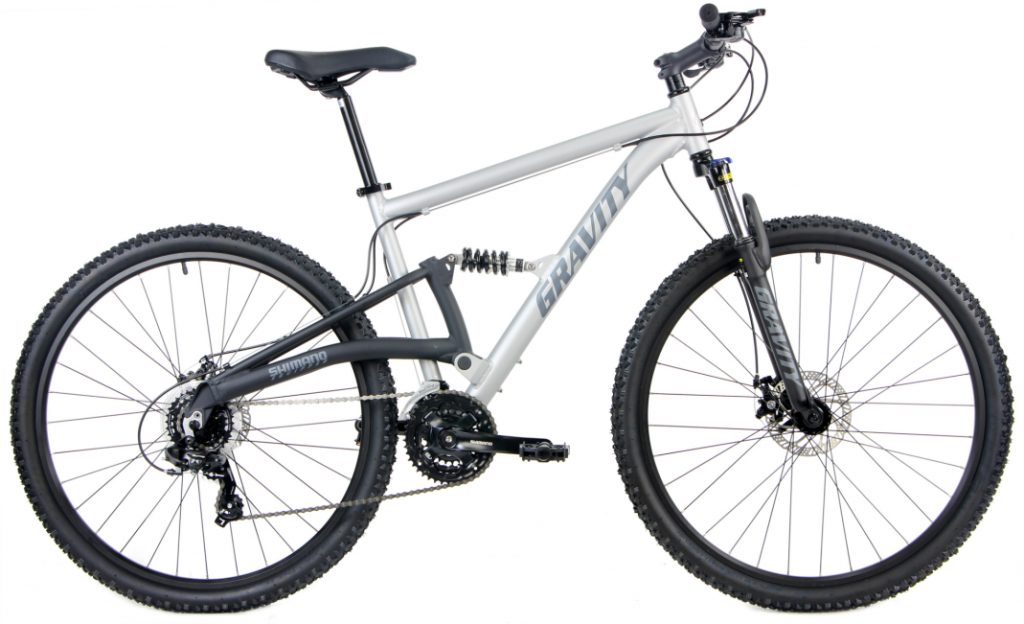 Full suspension mountain bike with hydraulic disc brakes built for trail riding and rough terrain