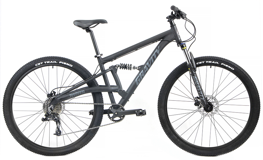  Black full suspension trail mountain bike equipped with disc brakes for aggressive off-road riding