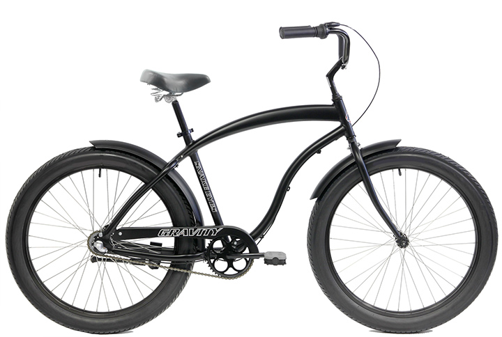 Gravity Snake Eyes 3-speed Aluminum Cruiser Bike in Matte Black, equipped with super wide flame tread tires.
