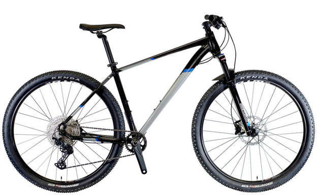 Black hardtail mountain bike with front suspension and disc brakes built for entry-level trail riding