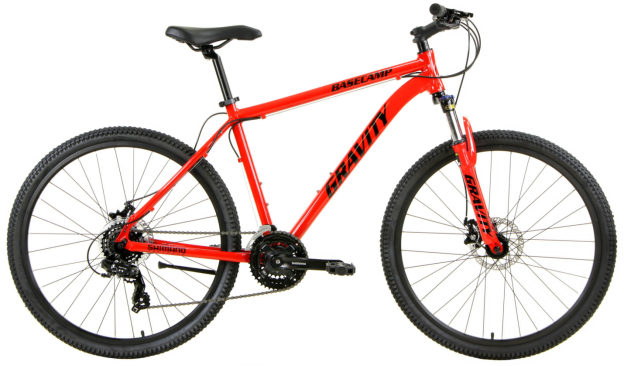 Red hardtail mountain bike with front suspension fork designed for cross country and trail riding