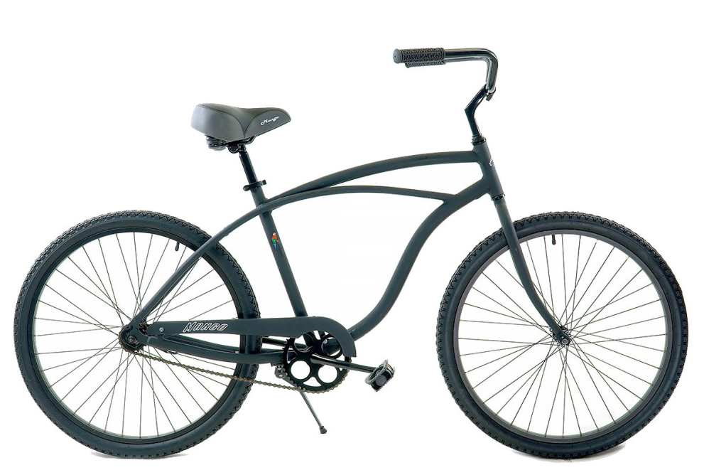 Black beach cruiser bicycle with wide tires designed for relaxed riding on pavement or boardwalks