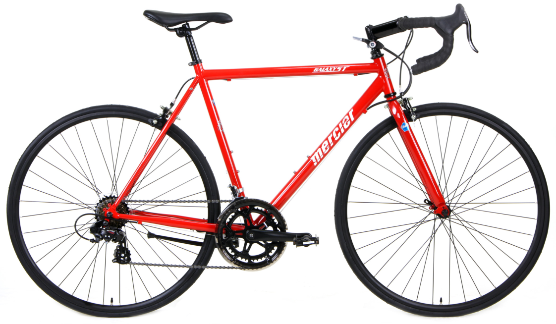 Red Mercier Galaxy road bicycle with slim tires and classic rim brake configuration