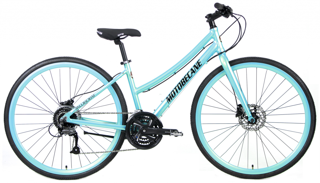 Motobecane Cafe DISC Elite hybrid bike with step-through frame, flat handlebars, Shimano drivetrain, and hydraulic disc brakes built for commuting and casual pavement riding