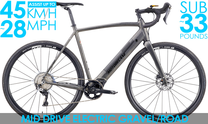  Electric Disc Brake Gravel/Road Bikes Electric  28MPH!   Motobecane eMulekick PRO SL   Gravel/Road Electric Bikes   BAFANG Electric MidDrive w/  Integrated  Battery 