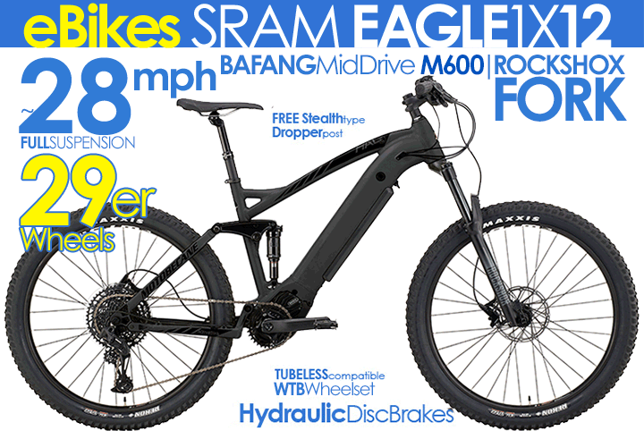 Up to 45KPH/28MPH,   Motobecane HAL eBoost M600    Integrated Battery, SRAM EAGLE, 1X12  Electric MidDrive  Full Suspension  eBikes  