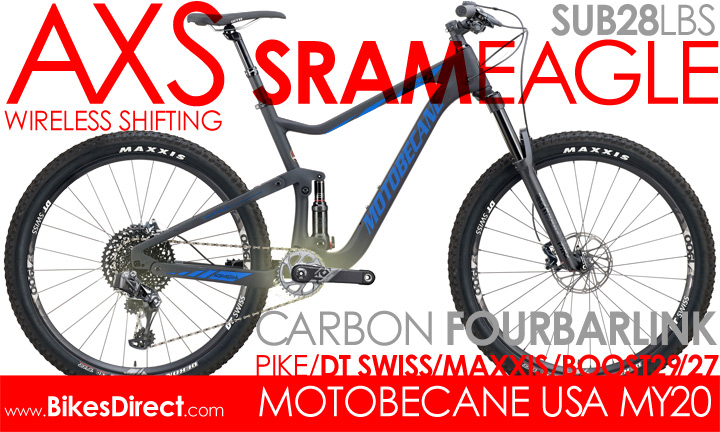 *ALL BIKES FREE SHIP 48 LTD QTYS of these 5.5 INCH/ 140mm Travel Carbon Fiber Full Suspension 27+ Boost Mountain bikes FULL SRAM AXS Eagle Wireless Shifting Carbon Fiber 2020 Motobecane HAL CF Boost 27Plus 27.5 Full Suspension Carbon Fiber Mountain Bikes FULL SRAM AXS XO1 EAGLE Wireless Shift 1X12 Speed Rockshox PIKE 150mm Forks