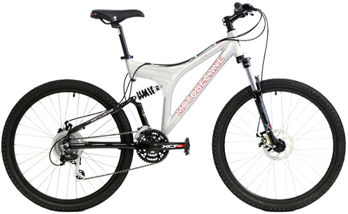 Motobecane 450DS Lockout Suspension fork, Full Suspension MTBs Features: Shimano Drivetrain, Disc Brakes, Aluminum Wheels, WTB Saddle