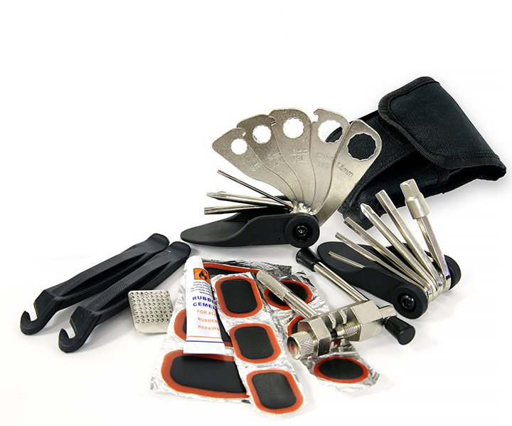 Compact bike multitool and tire patch kit with levers and repair essentials