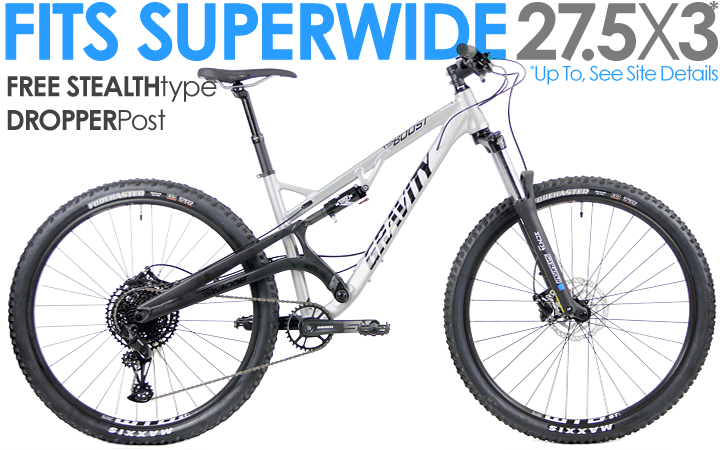 Gravity full suspension mountain bike with dropper post and wide tires