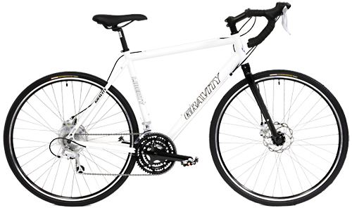 White Gravity road bike with thin high-pressure tires designed for speed on paved roads