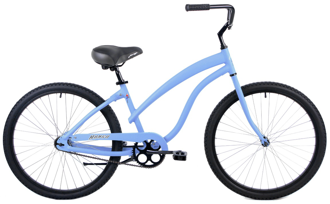 Light blue beach cruiser bicycle with a classic frame and wide tires parked on pavement.