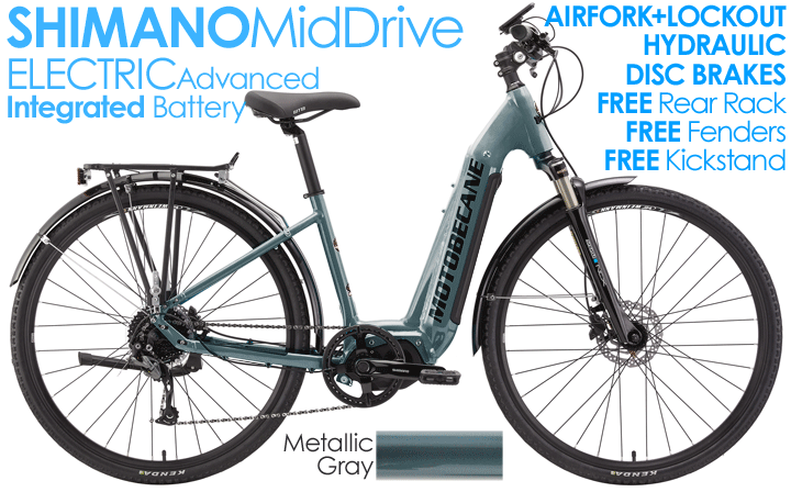 Step-through smart e-bike with Shimano mid-drive motor, integrated battery, and commuter accessories including rack, fenders, and hydraulic disc brakes.