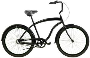 Aluminum beach cruiser with wide tires and a relaxed frame.