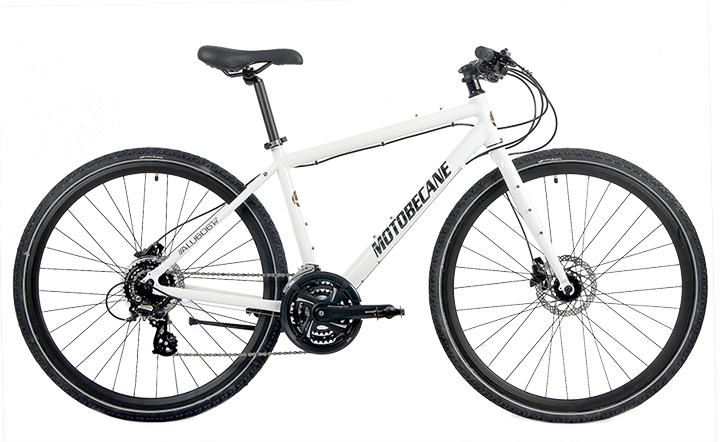 White Motobecane Strada Express 24 aluminum flat bar commuter bike with hydraulic disc brakes