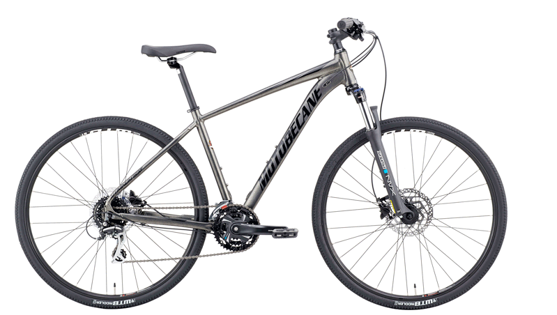 Motobecane Elite Adventure COMP hybrid bike with aluminum frame, front suspension fork, and hydraulic disc brakes designed for versatile commuting and light trail riding