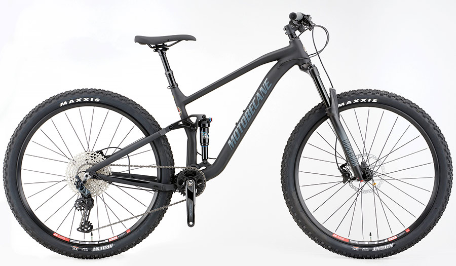 Motobecane full suspension mountain bike with front and rear shock designed for technical trail riding