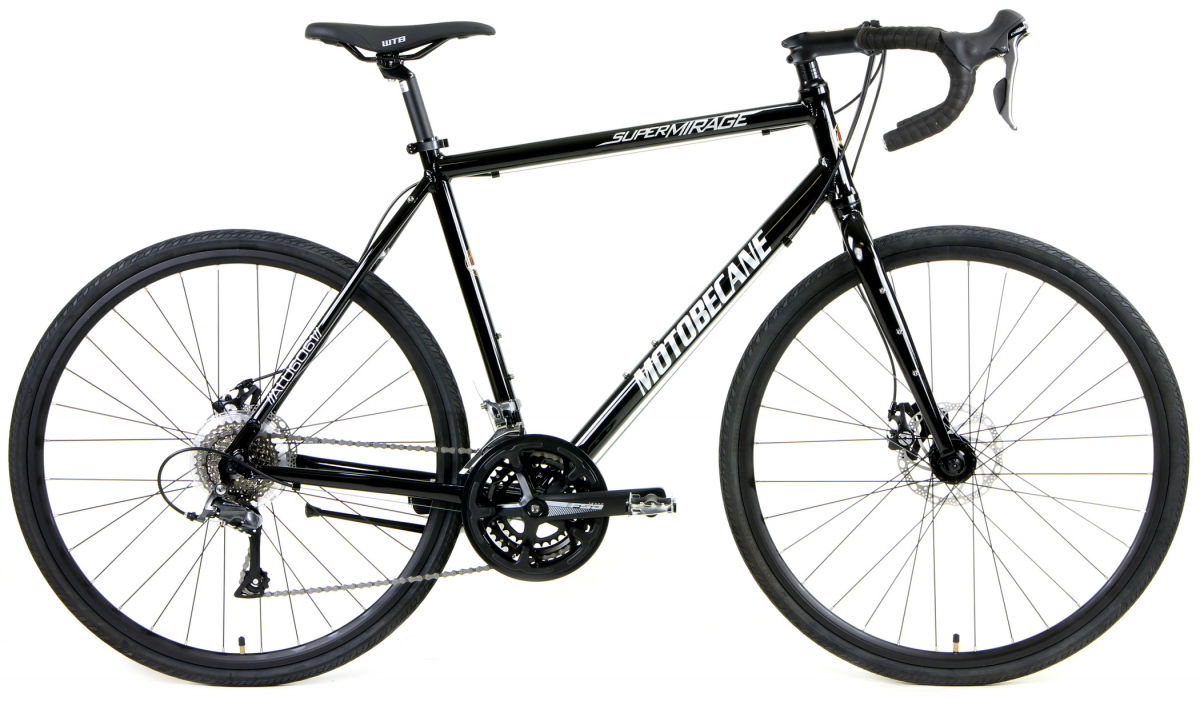 Motobecane Super Mirage SLX disc brake road bike with aluminum endurance frame, drop handlebars, and Shimano Claris drivetrain built for fast pavement riding and long distance cycling
