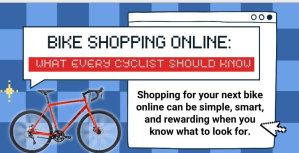 Pixel-style infographic titled “Bike Shopping Online: What Every Cyclist Should Know,” outlining tips for choosing a bike including riding needs, correct size and fit, feature comparison, and delivery and assembly guidance.