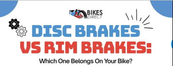 Infographic comparing disc brakes and rim brakes, covering braking systems, power, weather performance, weight, cost, wheel design, maintenance, and braking confidence.