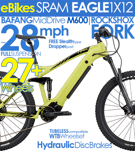 FAST ~28MPH ELECTRIC MID-DRIVE 29ers
TOP RATED 29er FULL SUSPENSION, SRAM EAGLE 1X12 
FULL 120NM TORQUE M600 SYSTEM, WTB TCS WHEELS +
COMPARE $8999 NOW $2999+FREE SHIP48
