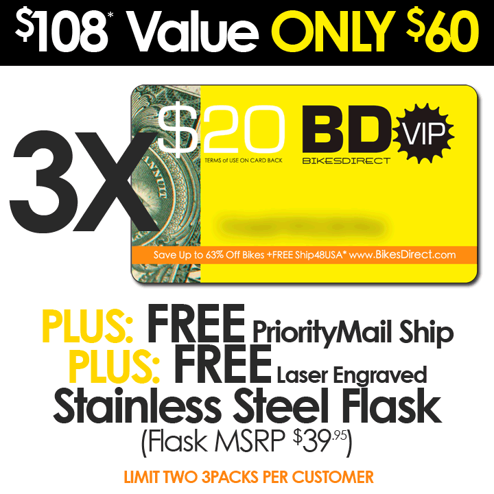 FREE SHIP 48 STATES* LAST CHANCE CHRISTMAS Sale  BUY THREE Bikesdirect $20 GiftCards ($60 Worth) GET A FREE (MSRP $39.95) Laser Engraved  Stainless Steel Flask (TOTAL Value $108**)