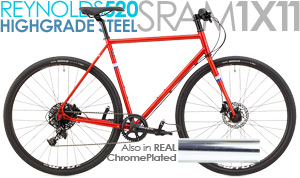 1X11 Mercier Flat Bar Gravel Bikes
Flat Bar, Wide Tires, SRAM APEX 1X11SPD, Powerful HYDRAULIC DISC Brakes, REYNOLDS 520 HighGrade Steel Design, Bento and Bottle Brazeons on Frame
REAL CHROME or Painted Kilo GX T11