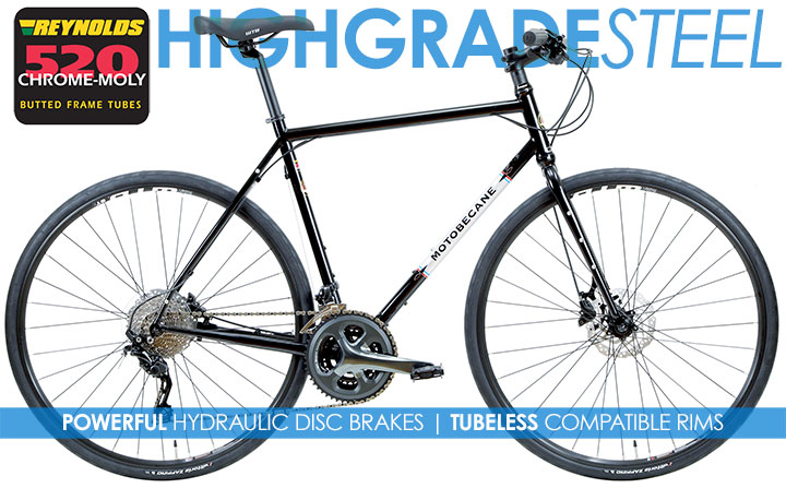 NEW Disc Brake Steel Flat Bar Road Bikes On Sale + FREE SHIP 48 Super Road, Hydraulic Disc Brake, High Grade Steel Bikes with CrMo Forks Motobecane Cafe Noir Plus WTB TCS Tubeless Compatible Wheels