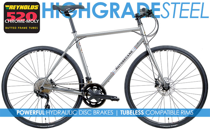 NEW Disc Brake Steel Flat Bar Road Bikes On Sale + FREE SHIP 48 Super Road, Hydraulic Disc Brake, Reynolds High Grade Steel Bikes with CrMo Forks Motobecane Cafe Premio Plus WTB TCS Tubeless Compatible Wheels