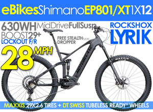 TopRated FULLSuspension eBike MTBs  Integrated Battery Shimano 250/504W MidDrive Motobecane HAL eBoost TEAM 27PLUS, Shimano XT 1X12, XT DiscBrakes Shimano STEPS E8000 MidDrive